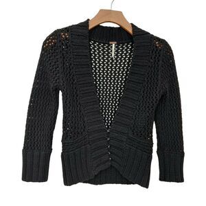 Free People Womens Cardigan Sweater XS Black 3/4 Sleeve Button Up Open Knit